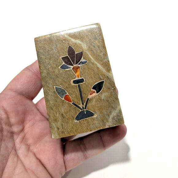 Vtg Beige Soapstone Marble Lidded Trinket Box Floral Inlay Rectangle India - Picture 15 of 16